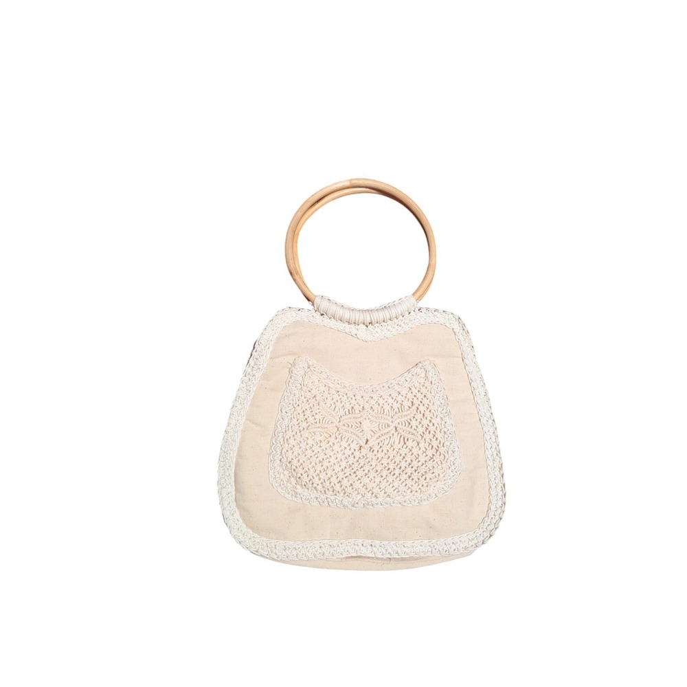 Vintage Macrame Handbag Purse Wooden‎ Handle Made In Philippines Ivory Shoulder